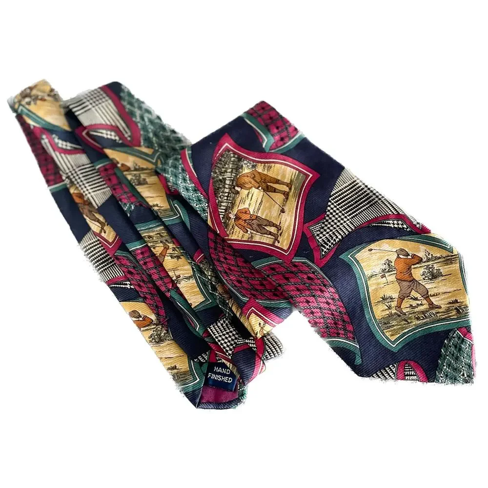 Vintage Nautica Silk Golf Tie 90s Prep Patchwork Country Club Necktie 3.75